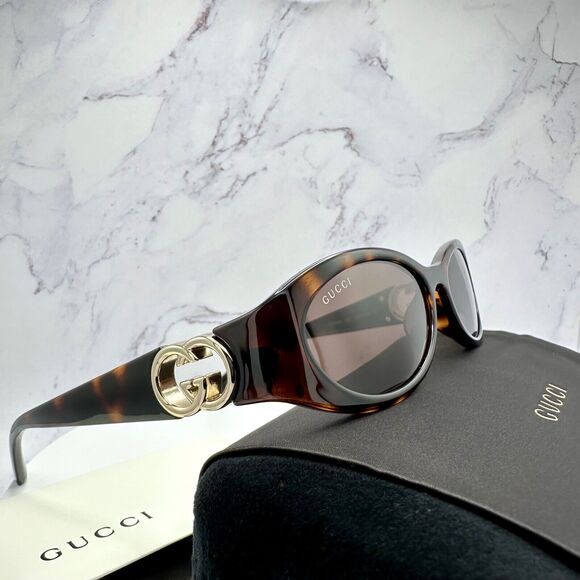 New Gucci Sunglasses Brown Tortoise Hailey Bieber Collaboration Oval Gold GG - Picture 13 of 16